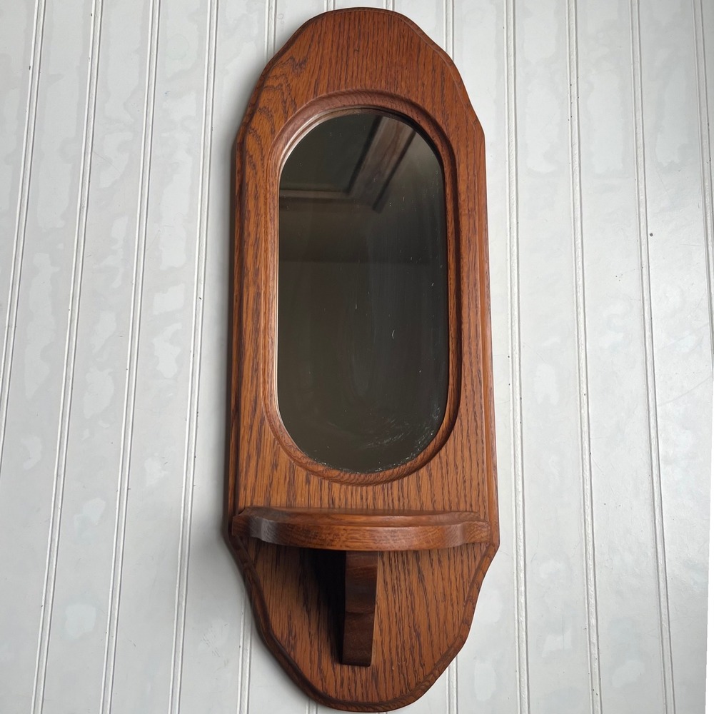 Vintage Oak Wood Wall Mirror with Shelf Arched Brown 1988 2